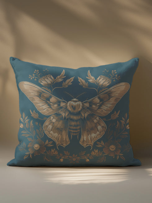 Decorative pillow cover featuring a large golden moth or butterfly design with detailed wings, surrounded by floral motifs and botanicals, printed on a deep teal blue linen fabric background.